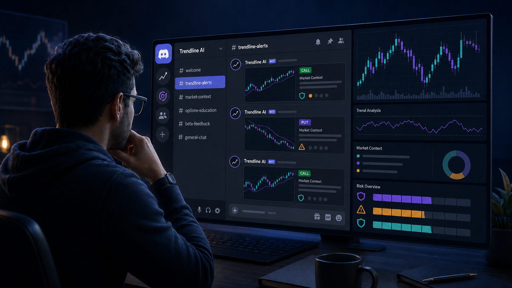 Trader viewing Trendline AI options alerts and market analysis in a Discord server